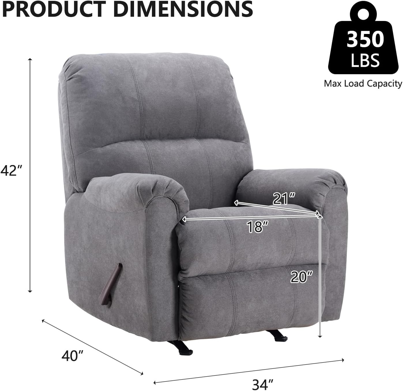 CANMOV Rocker Recliner Chair, Soft Fabric Manual Recliner Chair with Overstuffed Back and Arms, Single Sofa Nursery Rocking Chairs for Living Room, Grey