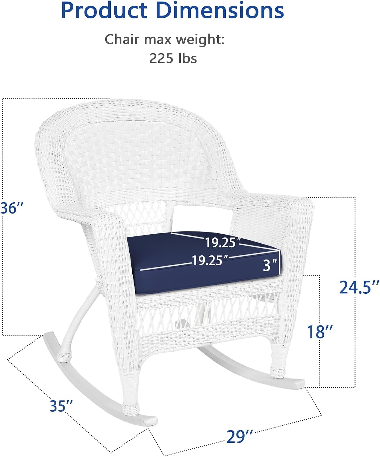 Jeco Rocker Wicker Chair with Blue Cushion, Set of 2, White