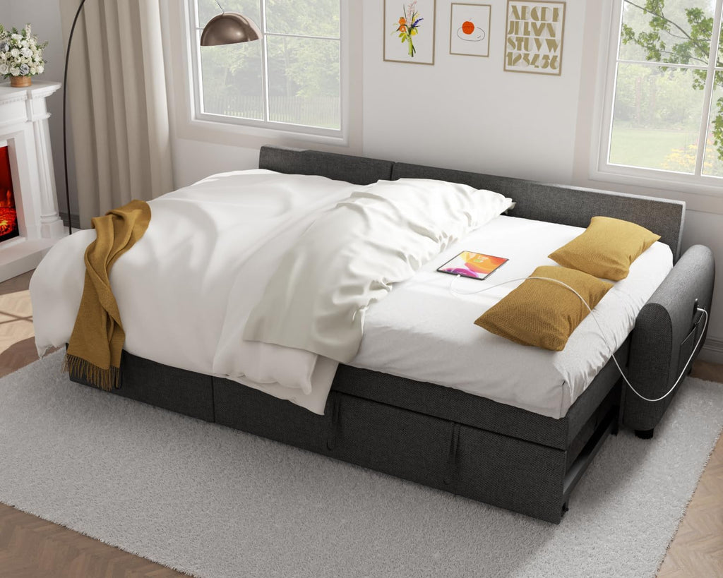 86" Sleeper Sofa Bed, Pull Out Couch Bed with Reversible Storage Chaise, Sectional Couches for Living Room with Side Pocket | Charging Station | Removable Backrest | Prime Linen, Dark Grey