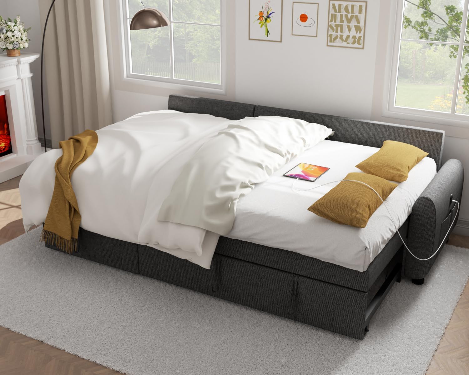 86" Sleeper Sofa Bed, Pull Out Couch Bed with Reversible Storage Chaise, Sectional Couches for Living Room with Side Pocket | Charging Station | Removable Backrest | Prime Linen, Dark Grey