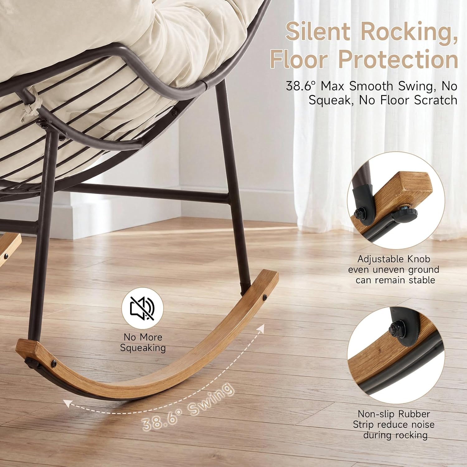 ONBRILL Outdoor Papasan Rocking Chair, Oversized Rocking Chair with Thick Cushion, 450 Lbs Heavy Duty Patio Rocking Egg Chair, Natural Wood Color Metal Rocker Chair for Balcony Porch, Cream White