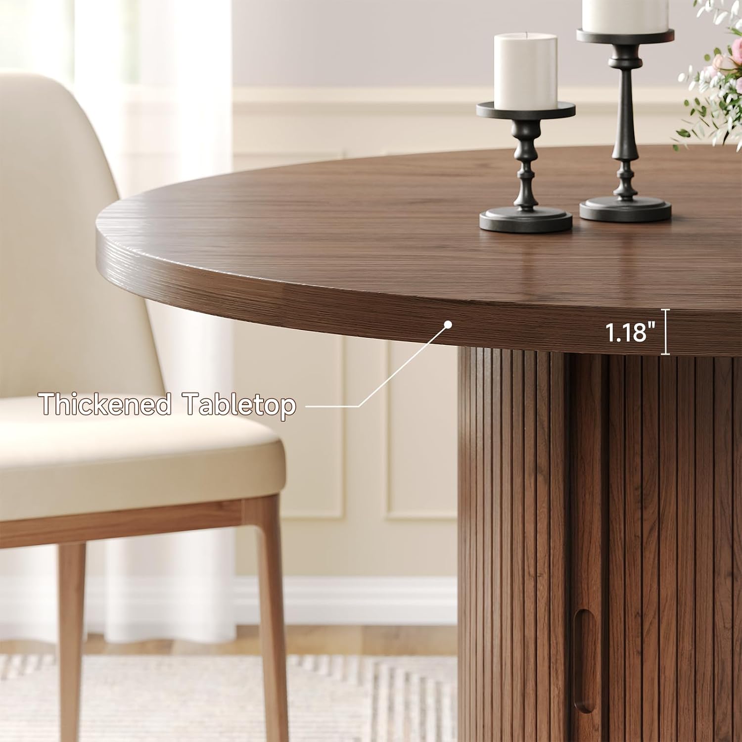 Round Dining Table for 4-6 Seats, 47" Circle Kitchen Table with Storage Drawer, Modern Mid-Century Pedestal Dinner Tables, Fluted Wood Base, Space Saving Dining Room Furniture for Family Party, Walnut