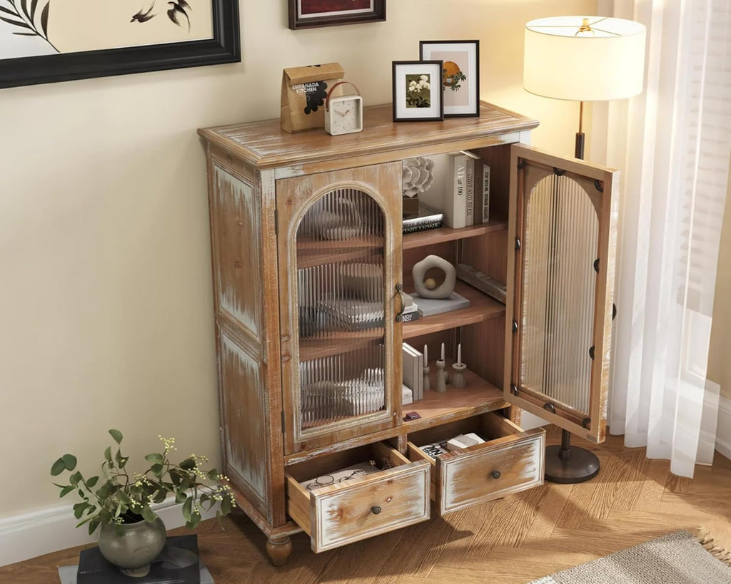LKTART Solid Wood Storage Cabinet, Kitchen Sideboard Buffet Pantry Cabinet with Glass Doors & Drawers, Entryway Cabinet, Rustic Display Cabinet for Living Room,Natural Wood,48" Tall