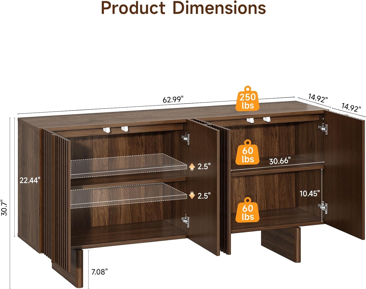ONBRILL 63" Fluted Sideboard Buffet Cabinet with Storage, Large Sideboard Cabinet with Adjustable Shelves, Modern Credenza with 4 Doors, Kitchen Cabinets for Living Room, Entryway, Black