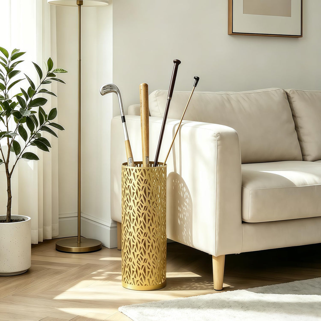 Metal Round Umbrella Stand Rack,Free Standing Umbrella Holder Bin, Canes Walking Sticks Holder for Entryway, Home, Office,Gold