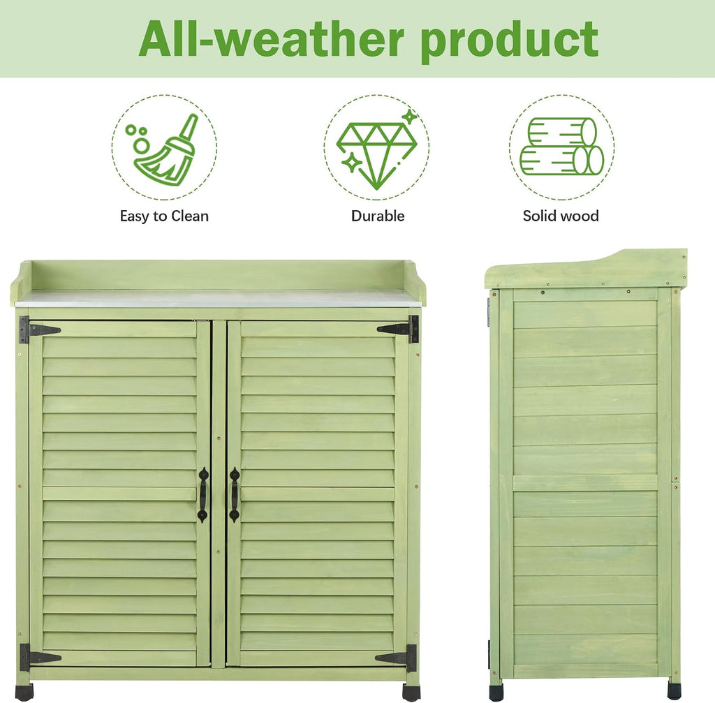Outdoor Storage Cabinet & Potting Bench Table with Metal Work Top, Vented Louvered Doors, Wooden Patio Furniture, Garden Workstation, Green, 36x31x17in