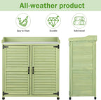 Outdoor Storage Cabinet & Potting Bench Table with Metal Work Top, Vented Louvered Doors, Wooden Patio Furniture, Garden Workstation, Green, 36x31x17in