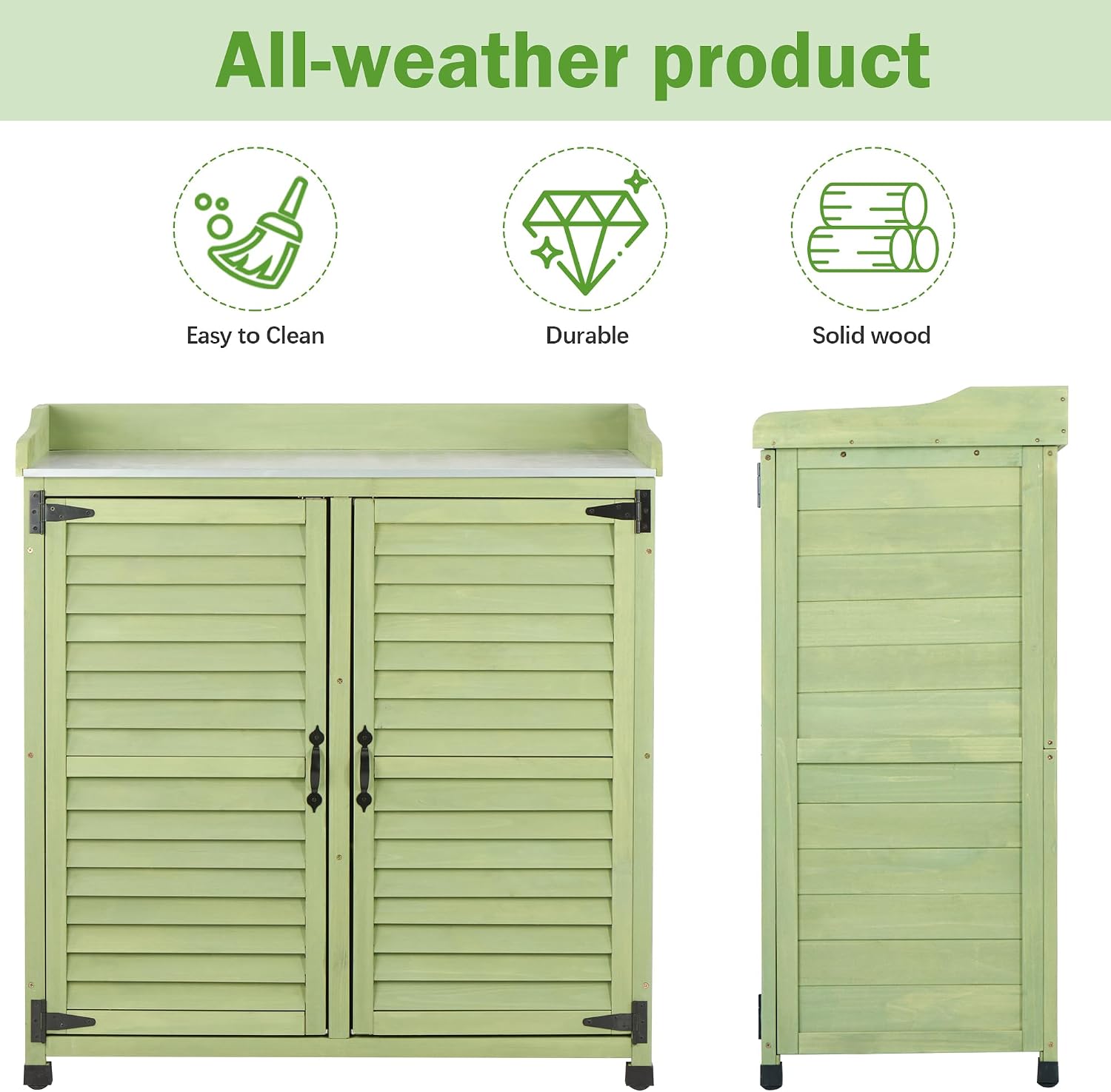 Outdoor Storage Cabinet & Potting Bench Table with Metal Work Top, Vented Louvered Doors, Wooden Patio Furniture, Garden Workstation, Green, 36x31x17in