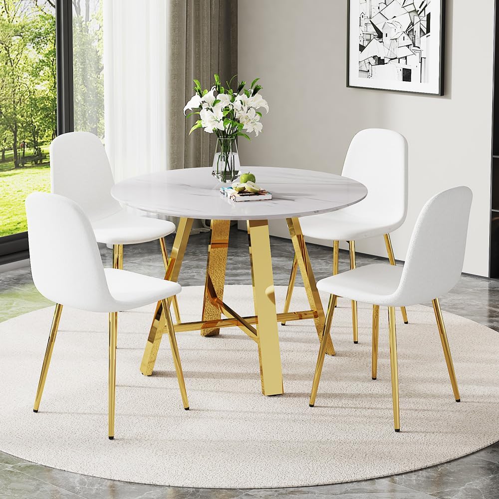 Round Dining Table Set for 4, Modern Kitchen Table and Chairs Set for 4 Marble Dining Set Reception Table Set Upholstered Chair for Dining Room (White-G501, 42 inch White Table Set)