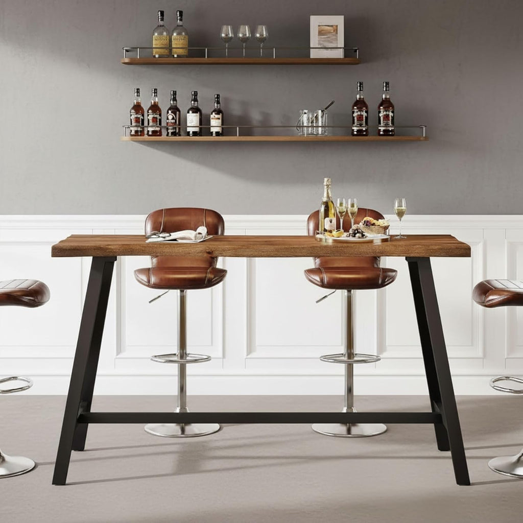Solid Wood Bar Table, 55-Inch Counter Height Pub Table with Sturdy Metal Frame, Industrial Narrow Bar Table for Pub Kitchen Living Room, Rustic Brown