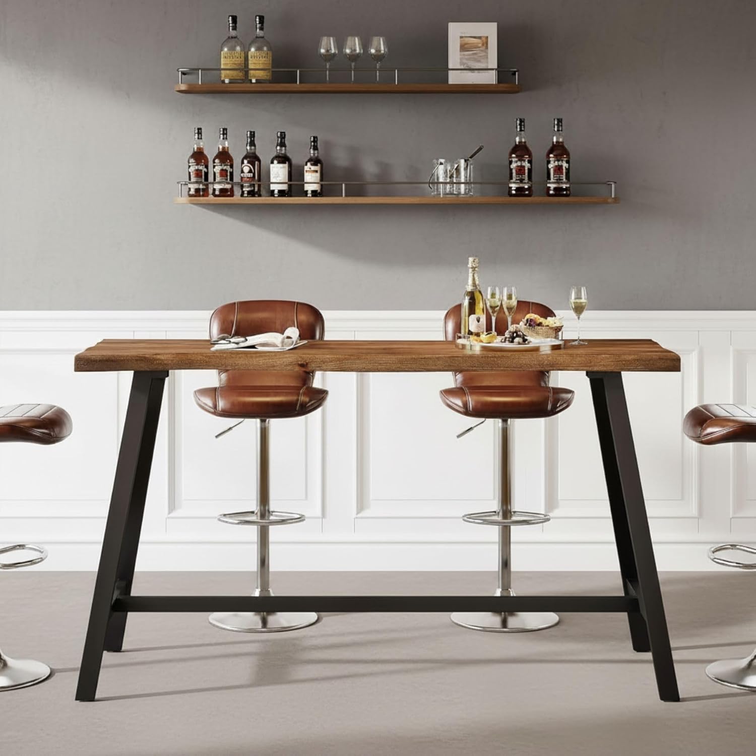 Solid Wood Bar Table, 55-Inch Counter Height Pub Table with Sturdy Metal Frame, Industrial Narrow Bar Table for Pub Kitchen Living Room, Rustic Brown