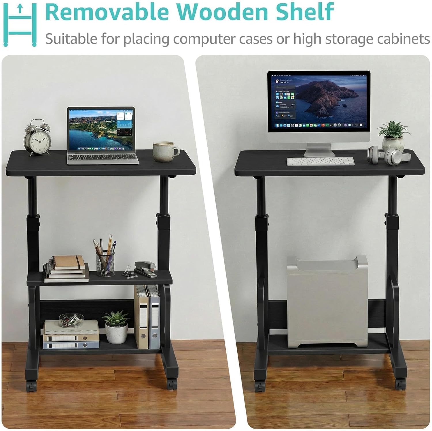 WINAZ Small Rolling Desk for Small Spaces - 24" Portable Kids Desk with Wheels, Height Adjustable C Shaped Side Table Mobile Laptop Desks with 2-Tier Storage Shelves for Bed Sofa, Black