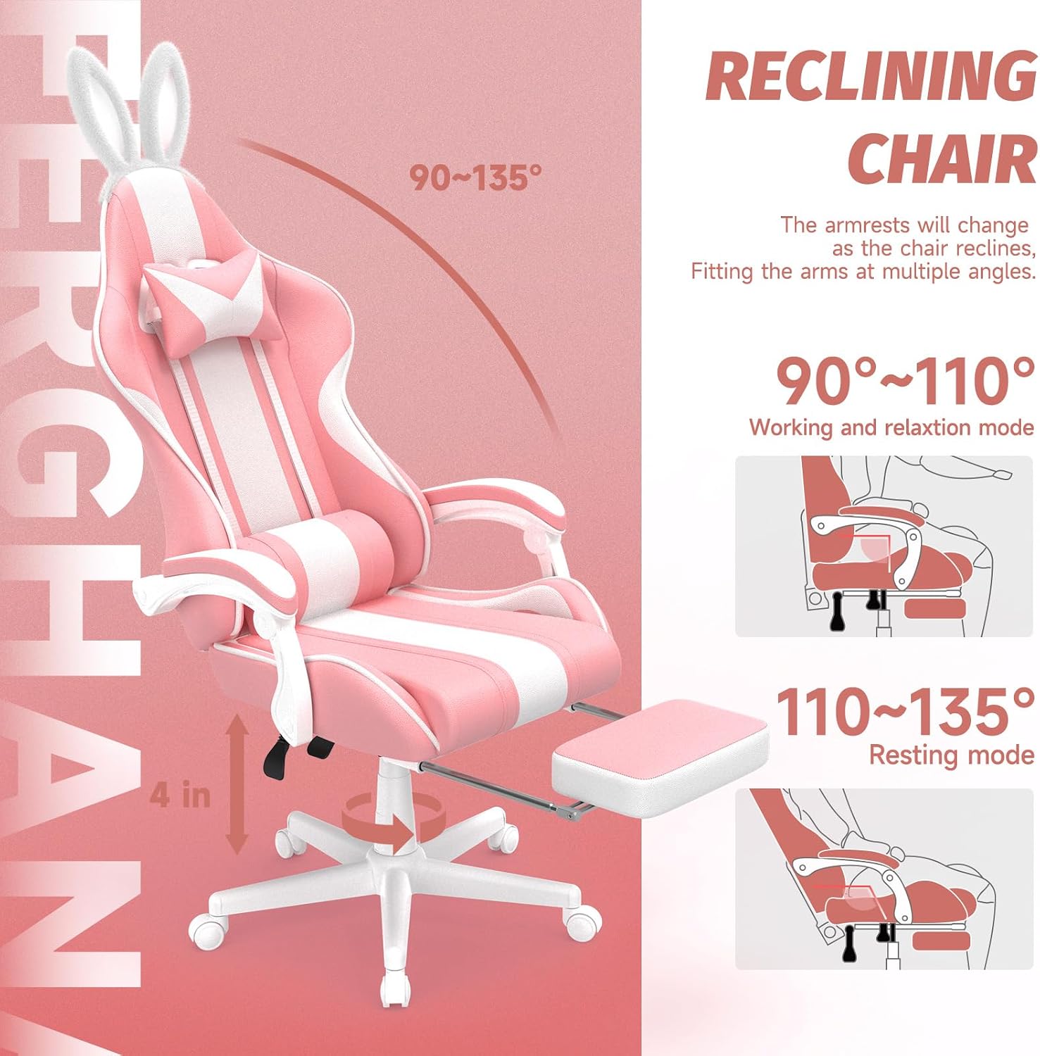Ferghana Kawaii Bunny Ears Gaming Chair, Cute Gamer Chair with Footrest and Massage, Leather Ergonomic Computer Game Chair for Girls Adults Teens Kids Pink