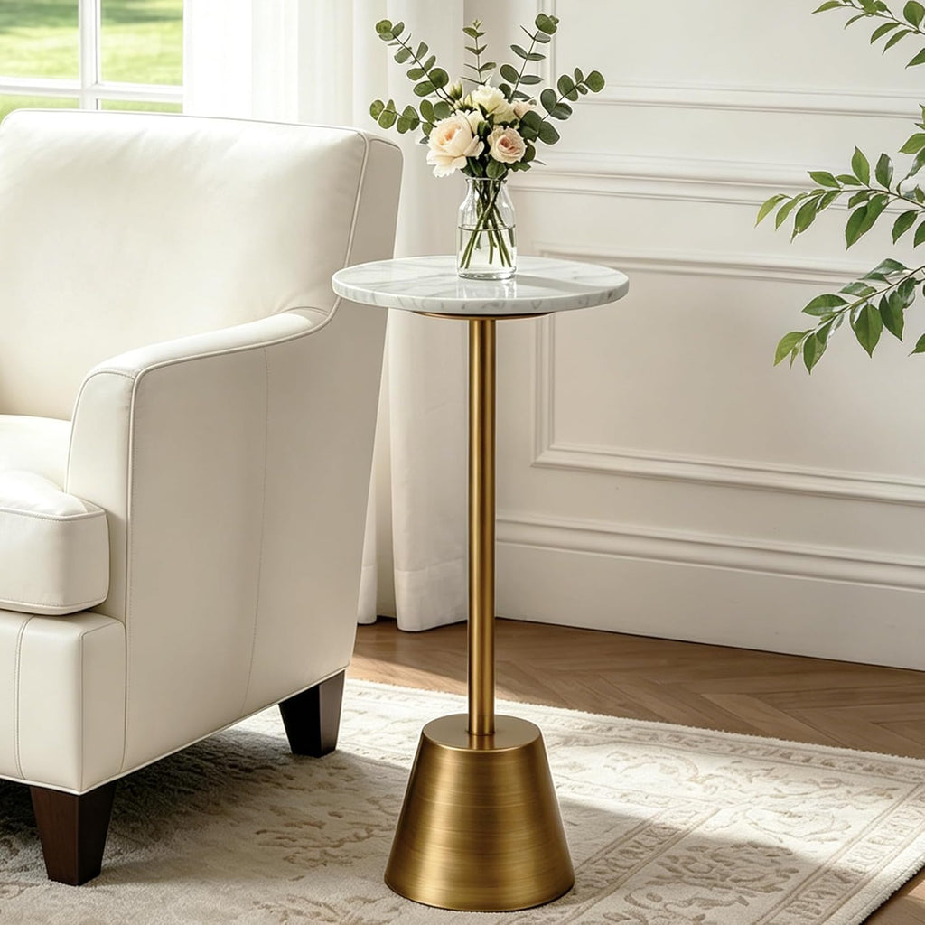 White Marble Pedestal Side Table, Round Accent End Table with Metal Base for Couch, Small Drink Tables for Small Spaces, Vintage Antique Gold Cocktail Martini Table for Living Room