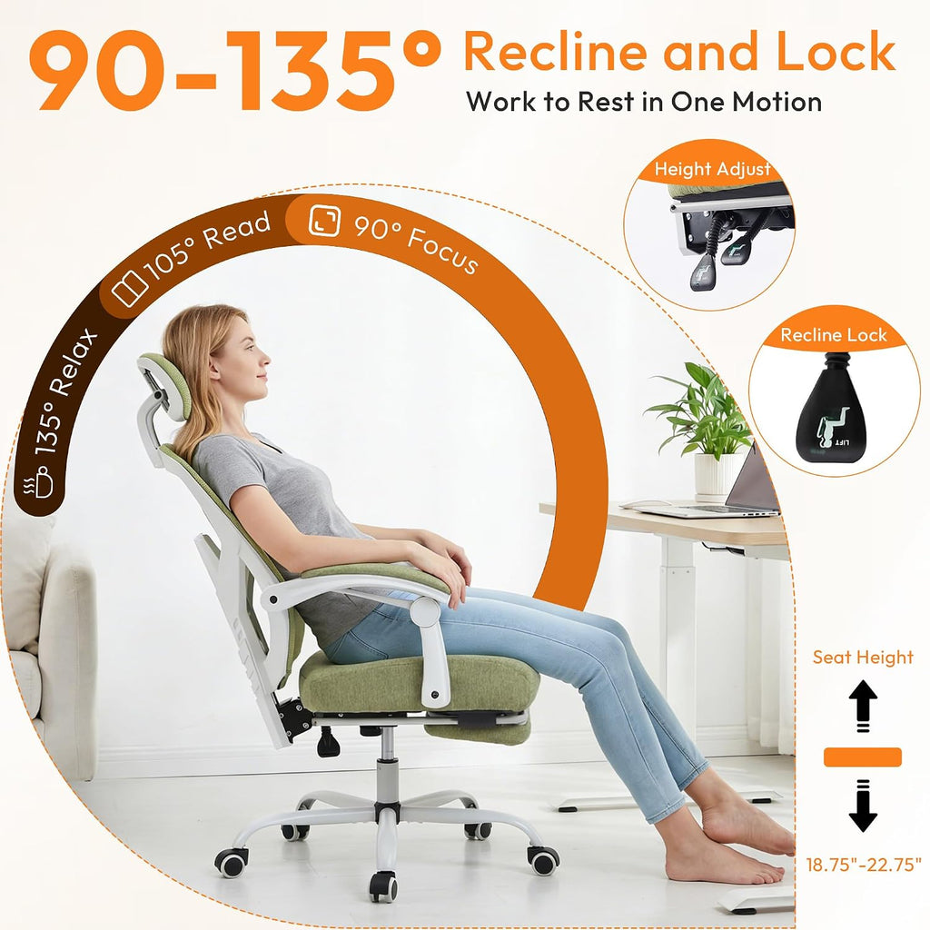 Home Office Desk Chair, Comfortable Mesh Computer Chair with Foot Rest, Reclining Gaming Chair with Headrest and Lumbar Support, 90°-130° Reclining, Light Green