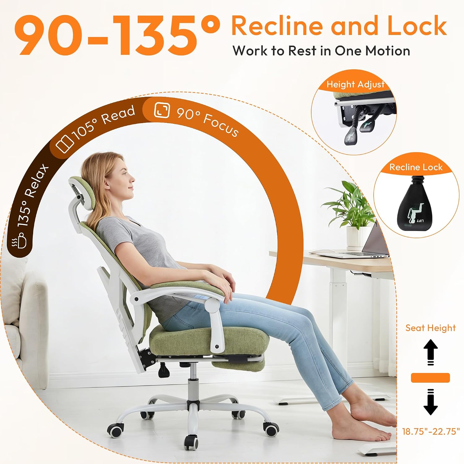 Home Office Desk Chair, Comfortable Mesh Computer Chair with Foot Rest, Reclining Gaming Chair with Headrest and Lumbar Support, 90°-130° Reclining, Light Green