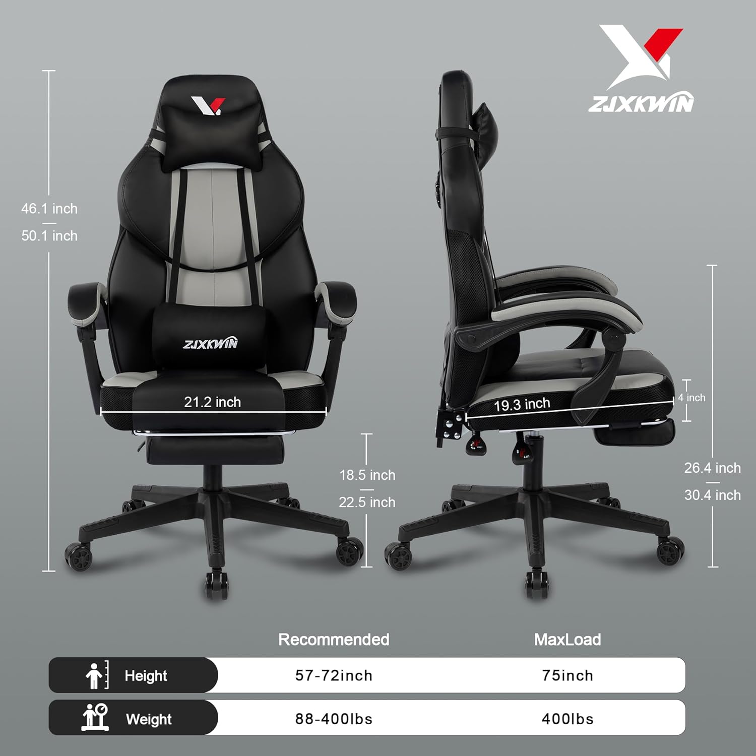 Big and Tall Gaming Chair,400lbs Heavy Duty Office Chair with Footrest, PU Leather High Back PC Desk Chair, Linkage Armrests & Reinforced Steel Frame,Grey
