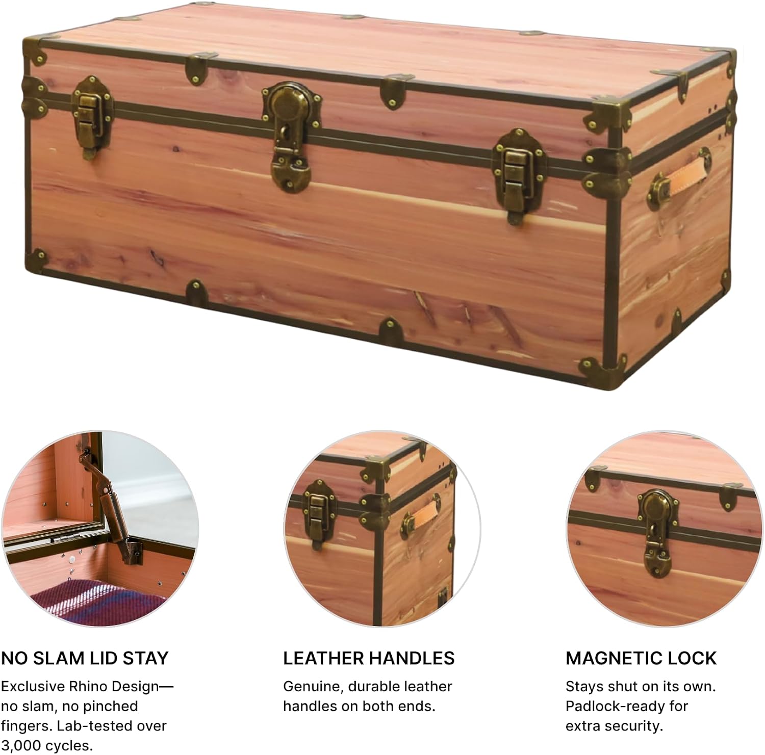 Rhino Trunk & Case Knotty Cedar Chest with Antique Brass Hardware – 32"x18"x14" Large Storage Box, Coffee Table, End of Bed Trunk or Entryway Storage Bench Furniture – USA-Made, Heirloom Aesthetic
