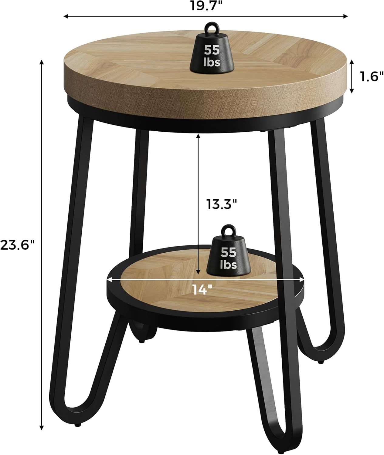 IRONCK Round Side Table, 2 Tier Industrial End Table with Storage Shelf, 19.7" Accent Bedside Table for Living Room, Bedroom, Small Spaces, Wood Tabletop & Curved Metal Legs, Light Brown