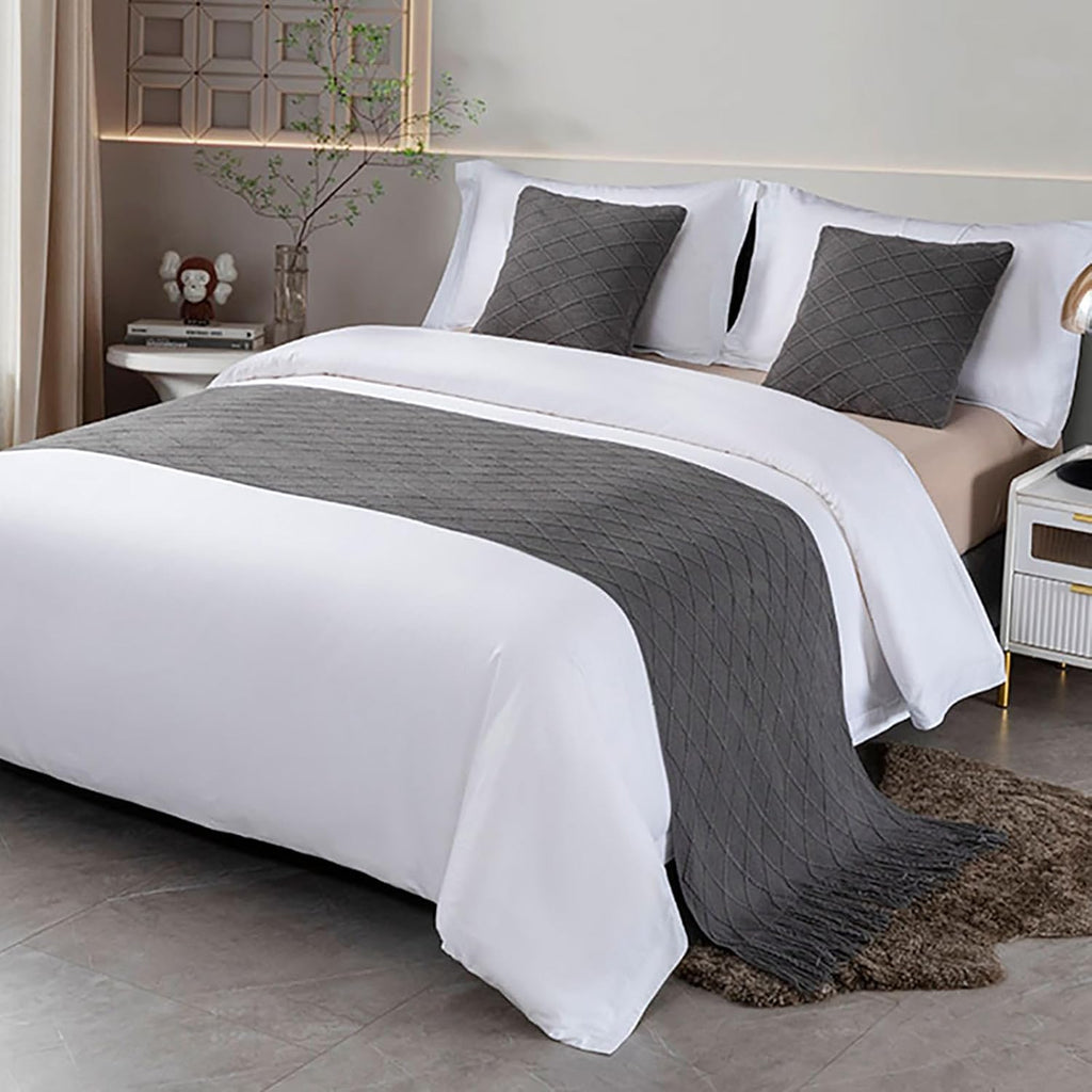 Geometry Bed Runners Queen Size Solid Grey Bed Scarf with Tassel Boho Knit Bed Runner Scarves Decorative for Bedroom Home Hotel (91x24 Inches, 1 Piece)
