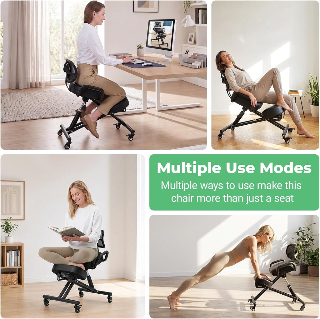 Adjustable Ergonomic Kneeling Chair, Rolling Knee Chair with Backrest and Brake Casters, Posture Support Office Chair for Home Office, Computer Desk, Study Room and Creative Workspaces