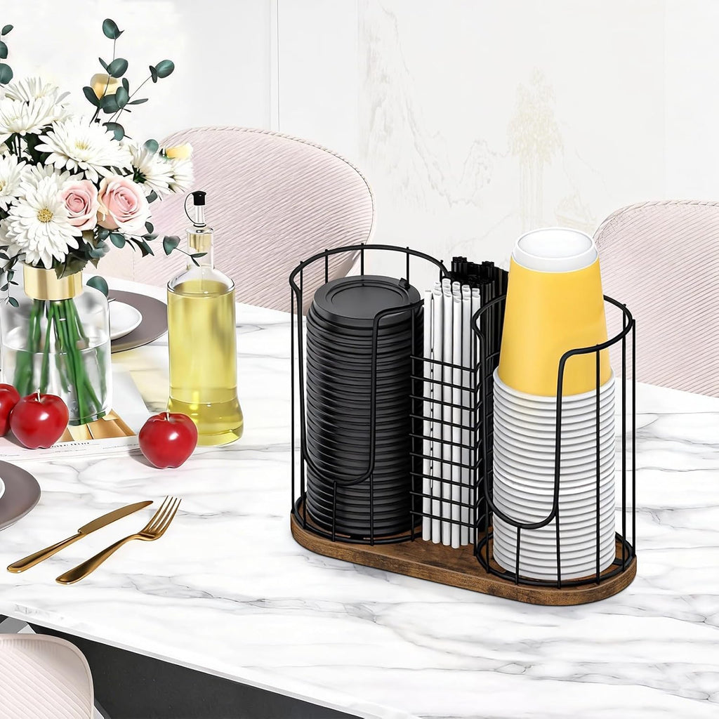 Coffee Cup Holder 18oz 3-Compartment Paper Cup Dispenser Rack with Wood Base - Disposable Cup, Straw & Lid Organizer 3-in-1 Storage for Countertop, Coffee Bar, Kitchen, Office