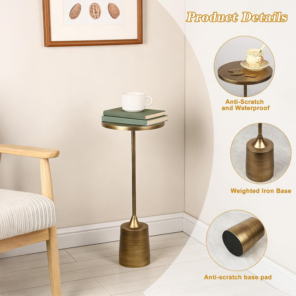 Jorsnovs Vintage Bronze Small End Table, 10'' Round Pedestal Side Table with Weighted Iron Base, Drink Table for Small Spaces, Antique Cocktail Table for Living Room, Entryway, or Bathroom