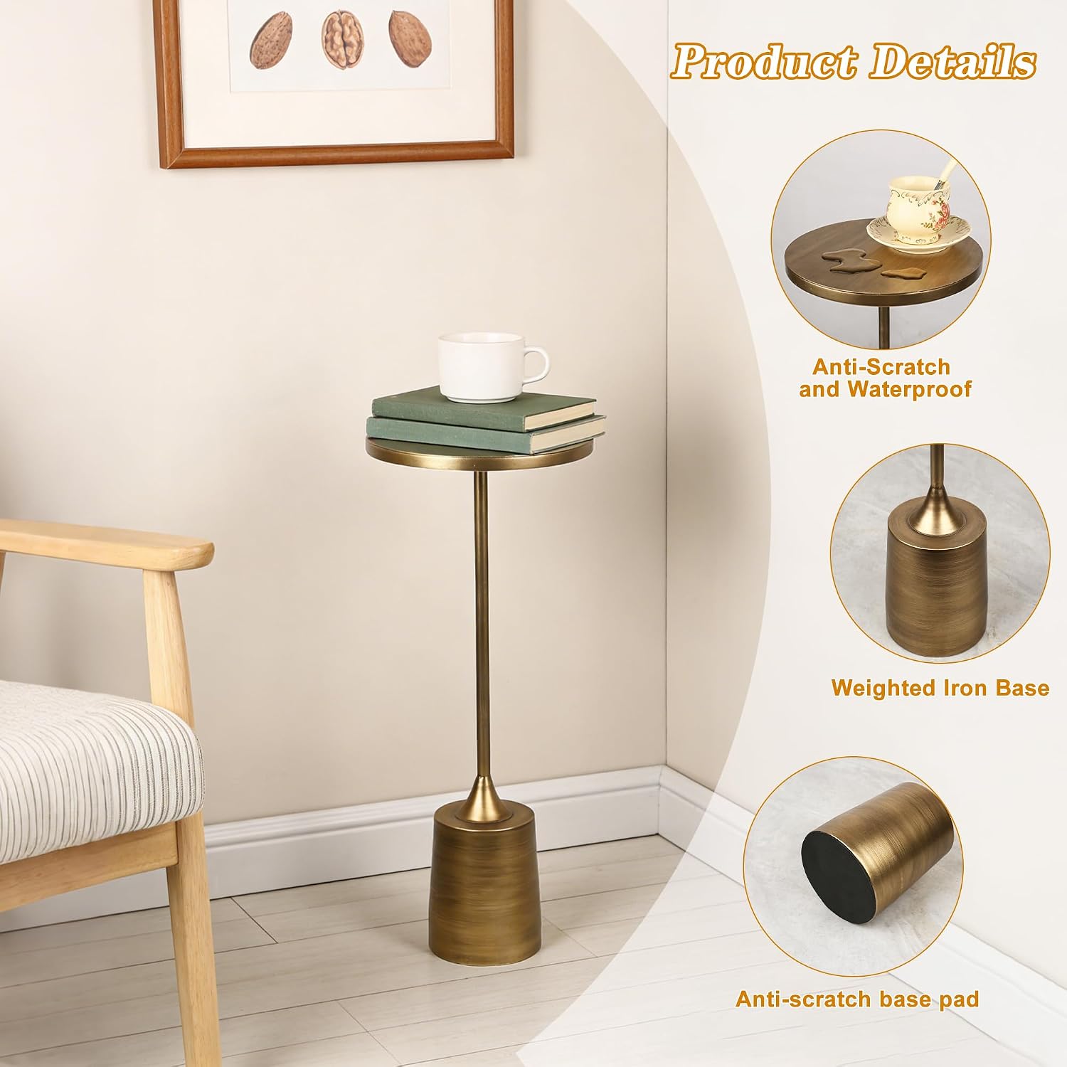 Jorsnovs Vintage Bronze Small End Table, 10'' Round Pedestal Side Table with Weighted Iron Base, Drink Table for Small Spaces, Antique Cocktail Table for Living Room, Entryway, or Bathroom