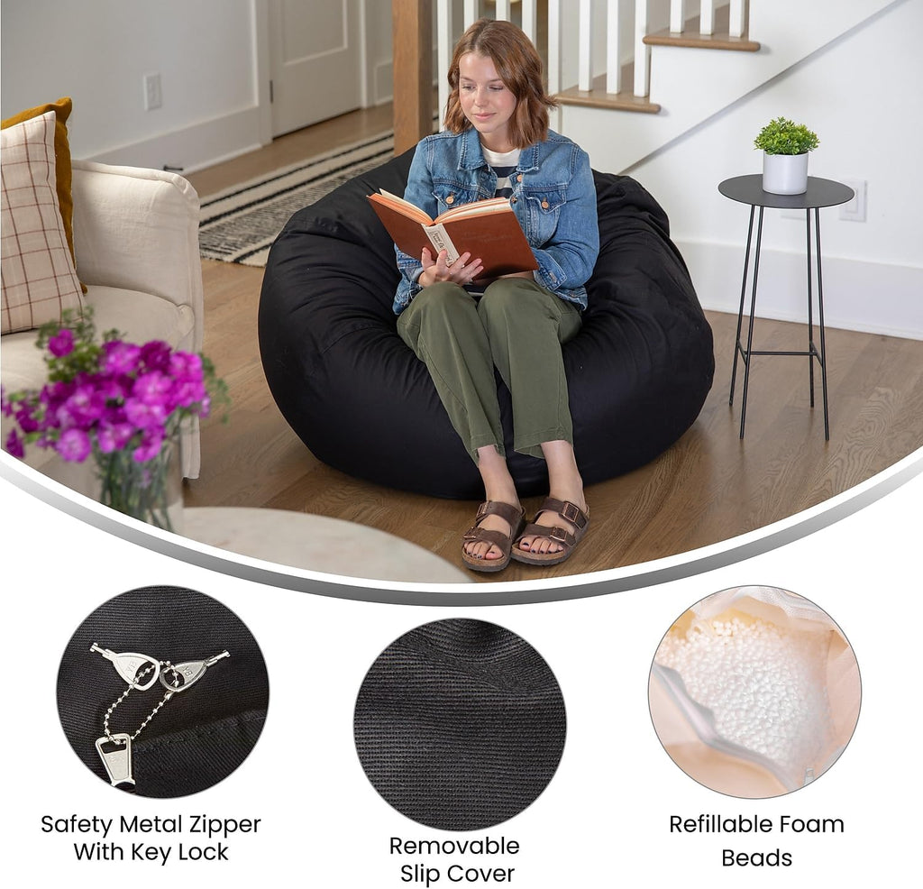 Flash Furniture Duncan Oversized Solid Black Bean Bag Chair for Kids and Adults