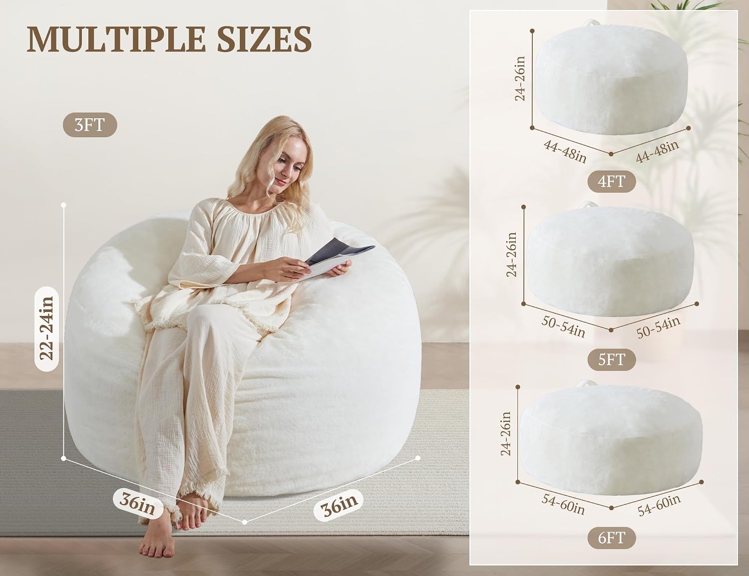 WSOFRLAC 3FT Bean Bag Chair, Comfy Bean Bag Chairs for Adults, Luxury Velvet Memory Foam Stuffed Beans Bags with Removable Cover, Adult Beanbag Chair with Filler for Living Room, Bedroom, Cream White