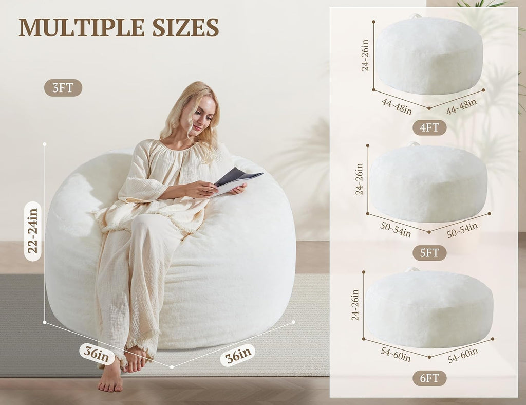 WSOFRLAC 3FT Bean Bag Chair, Comfy Bean Bag Chairs for Adults, Luxury Velvet Memory Foam Stuffed Beans Bags with Removable Cover, Adult Beanbag Chair with Filler for Living Room, Bedroom, Cream White