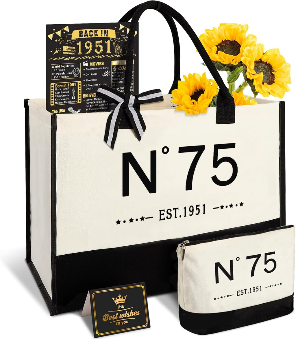 YeohJoy 75th Birthday Gifts for Women Canvas Tote Bag, Unique 75 Years Old Birthday Gifts for Aunt Mom Wife Friends Sister Her, EST.1951 Bag & Makeup Bag & Back in 1951 Poster