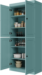 Palace Imports Solid Wood Kitchen Pantry Cabinet - 71.5" Tall x 32" Wide - Wooden Storage Cabinet with 4 Shaker Doors & 4 Adjustable Shelves, Aqua, 100% Renewable Eco-Friendly Wood, Made in Brazil