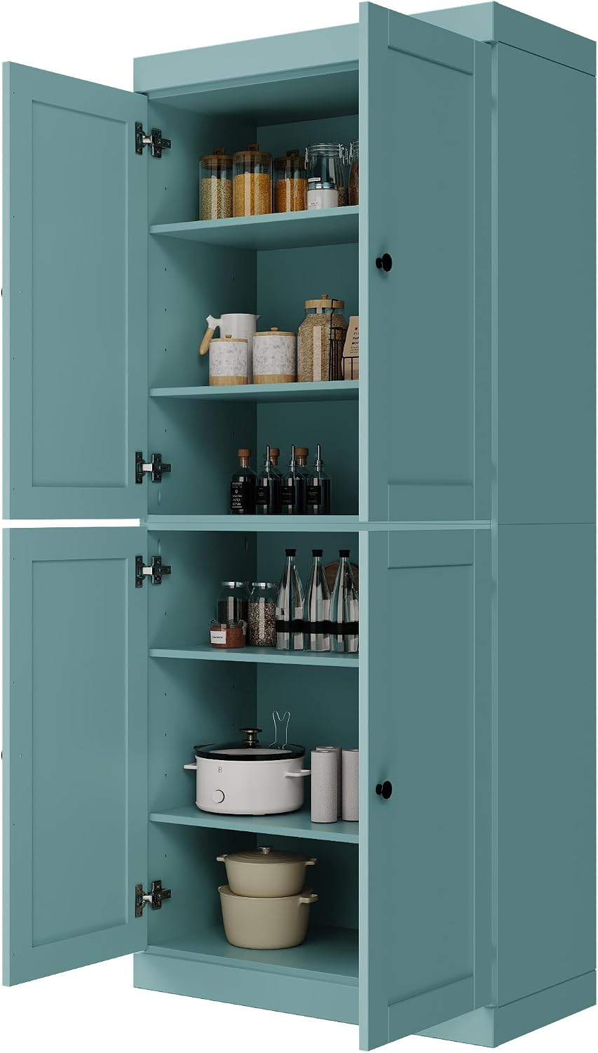 Palace Imports Solid Wood Kitchen Pantry Cabinet - 71.5" Tall x 32" Wide - Wooden Storage Cabinet with 4 Shaker Doors & 4 Adjustable Shelves, Aqua, 100% Renewable Eco-Friendly Wood, Made in Brazil