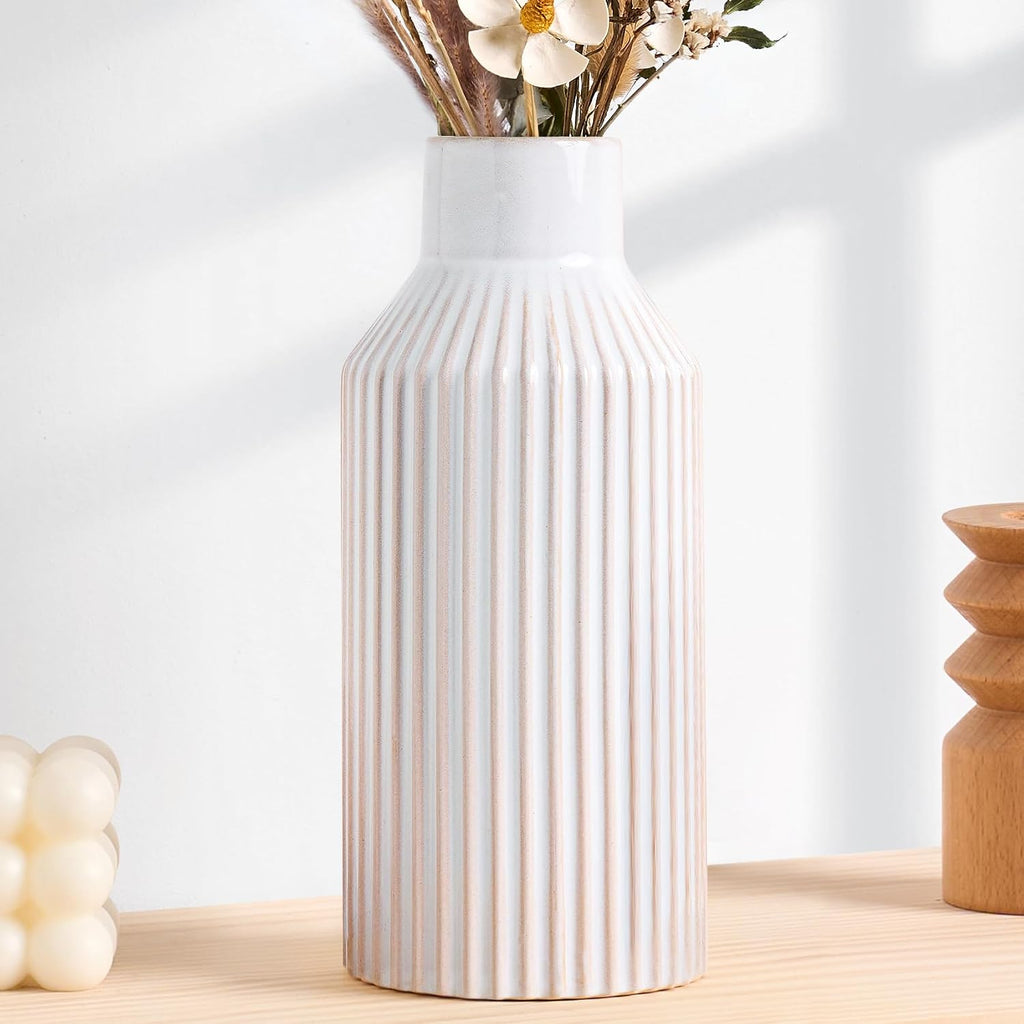 STHIE Beige Ceramic Vase, 8 Inch Rustic Farmhouse Minimalist Vases Home Decor, Small Pampas Grass Vases for Table Living Room (White)