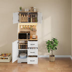 LLappuil 67" Kitchen Pantry with LED Light & Outlet, Kitchen Hutch with 6 Hooks, Drawer, Adjustable Shelves White
