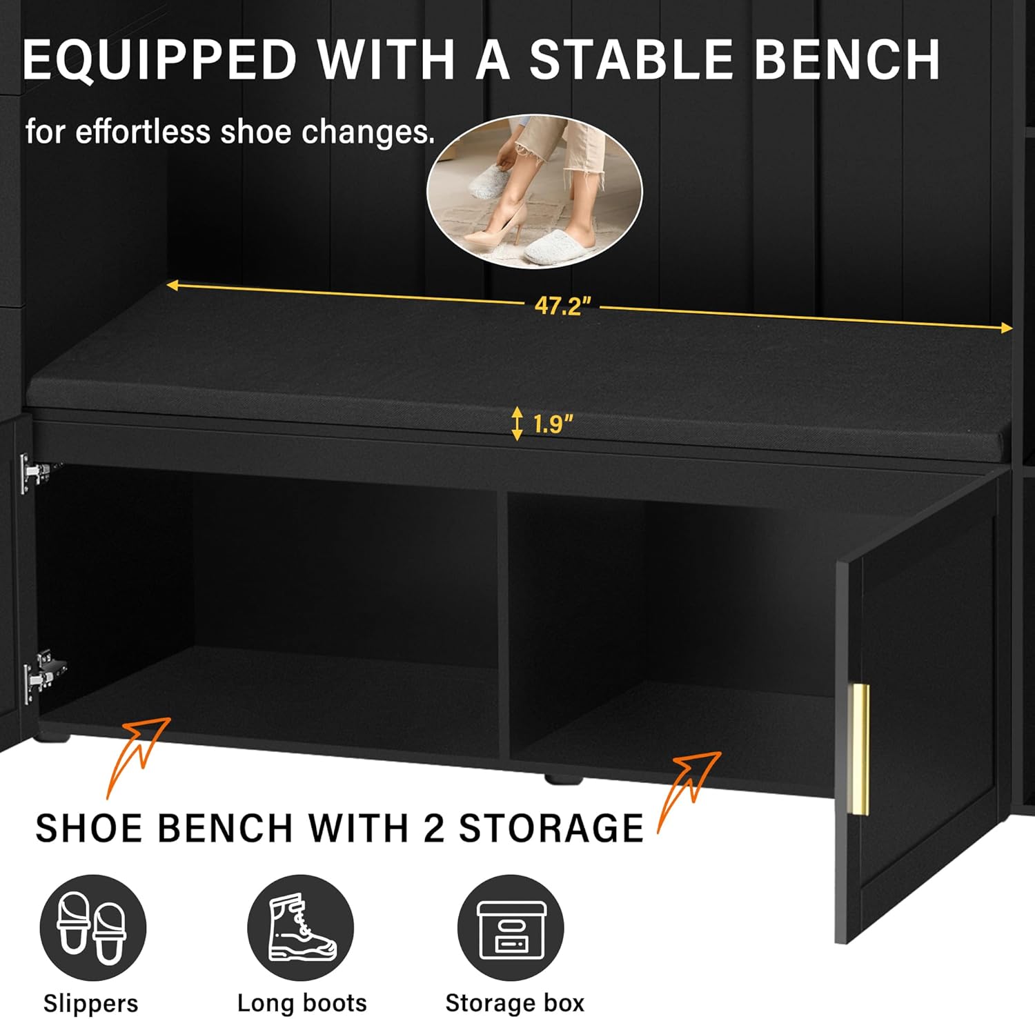 JIJIWANG Wide Hall Tree With Bench and Shoe Storage, 4-In-1 Entryway Bench with 4 Hooks, Storage Drawers and Adjustable Storage Shelves, Entryway Organizer for Mudroom, Hallway, Entrance, Black