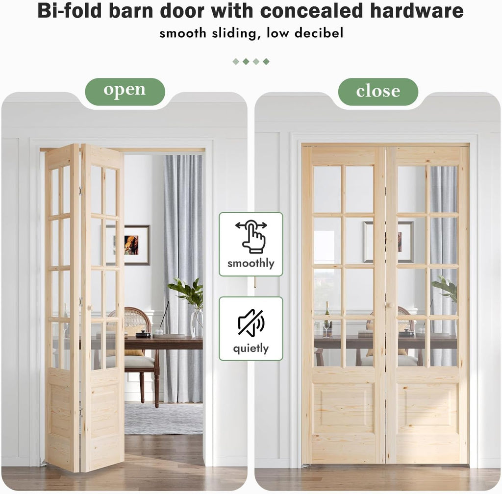 Bifold Doors for 42"×80"(Double 21inx80in) Opening, Clear Glass French Interior Folding Barn Door with Concealed Hardware Kit Included, Support DIY Dyeing, Preassembled Door, Save Space