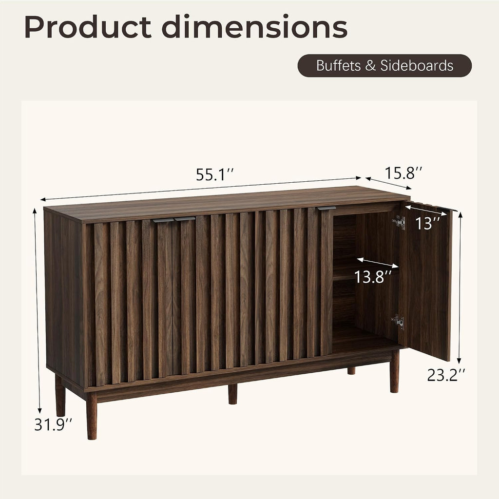 Otterease Fluted Cabinet with Storage, Small Buffet Cabinet Sideboard with Door, Kitchen Buffet Storage Accent Cabinets with Adjustable Shelves for Living Room, Entry, Hallway,Wlanut