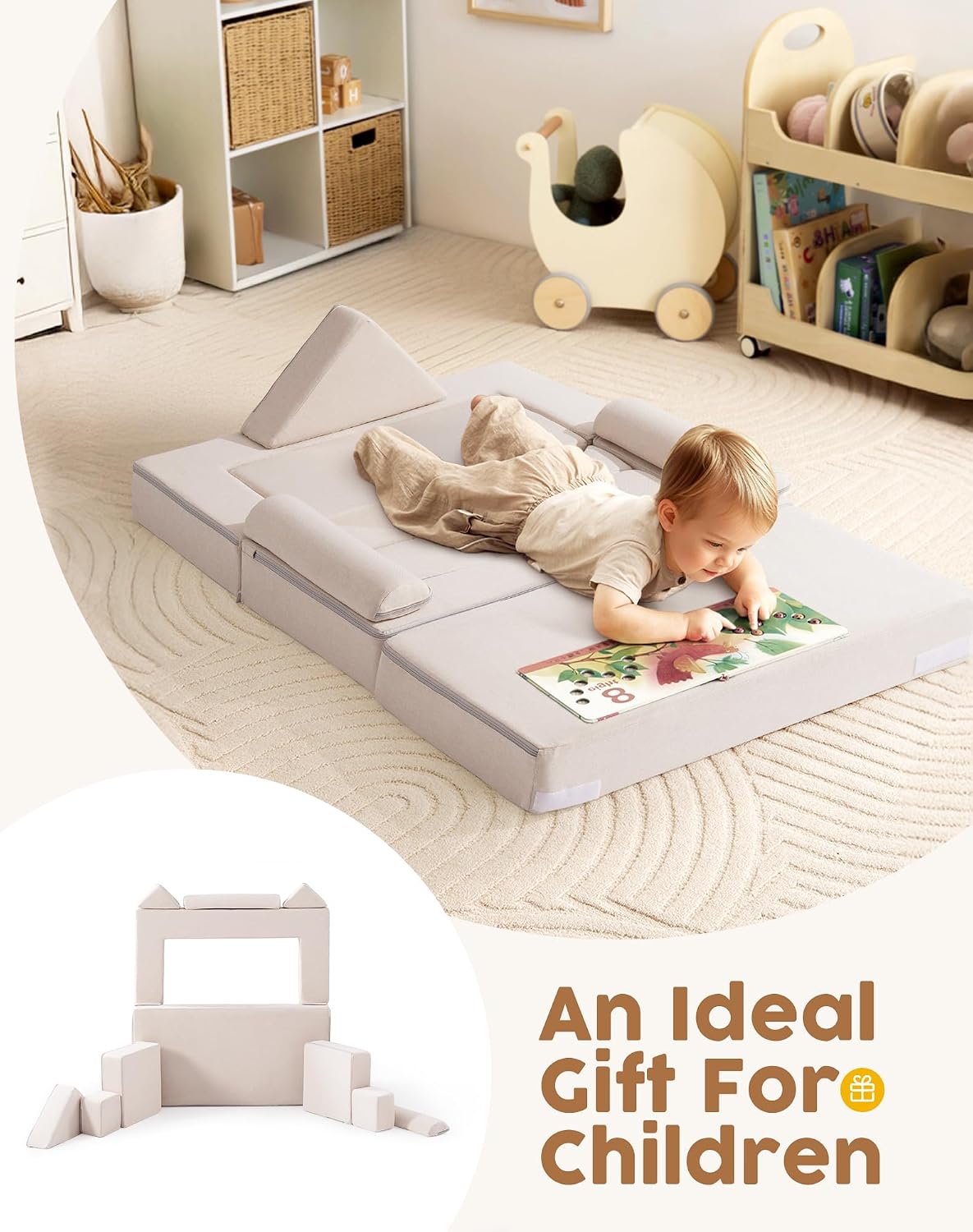 ROBUD Kids Couch, Beige Modular Kids Play Couch, DIY-Style & Washable Toddler Sofa for Playroom, Bedroom, Nursery, WG411