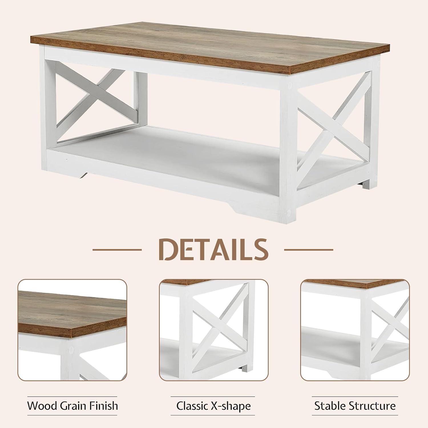 LUXOAK 3-Piece Farmhouse Living Room Table Sets, Includes 1 x Coffee Table, 2 x End Tables with Charging Station & USB Ports, Rustic Coffee Table Set of 3, Distressed White