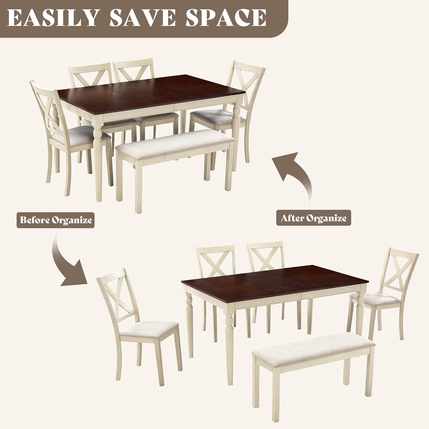 LUXOAK 60" Solid Wood Dining Table Set for 6, Farmhouse Kitchen Table with 4 Upholstered Chairs & Bench, 6-Piece Dining Room & Living Room Furniture, Cream White