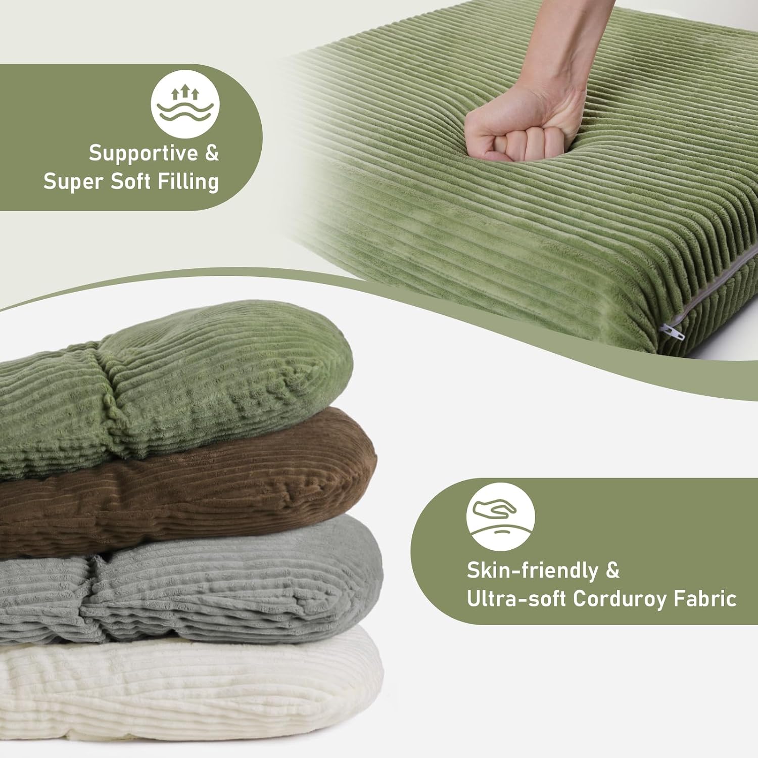 Boshen 5PCS Glider Rocker Replacement Cushions with Storage Side Pockets, Thickened 3.5IN Seat & Supportive Striped Plush Rocking Chair Cushion Set with Ottoman Cover for Indoor Nursery, Green