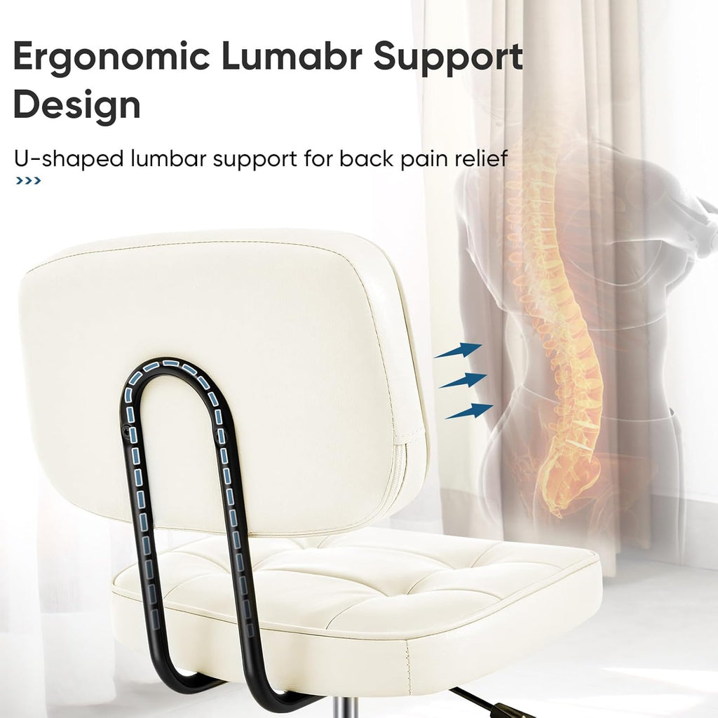 DUMOS Home Office Desk Chair - Ergonomic Armless PU Leather Computer Rolling Task Chair，with Comfy Lumbar Support and Height Adjustable, 360° Swivel, Vanity, Bedroom, Beige