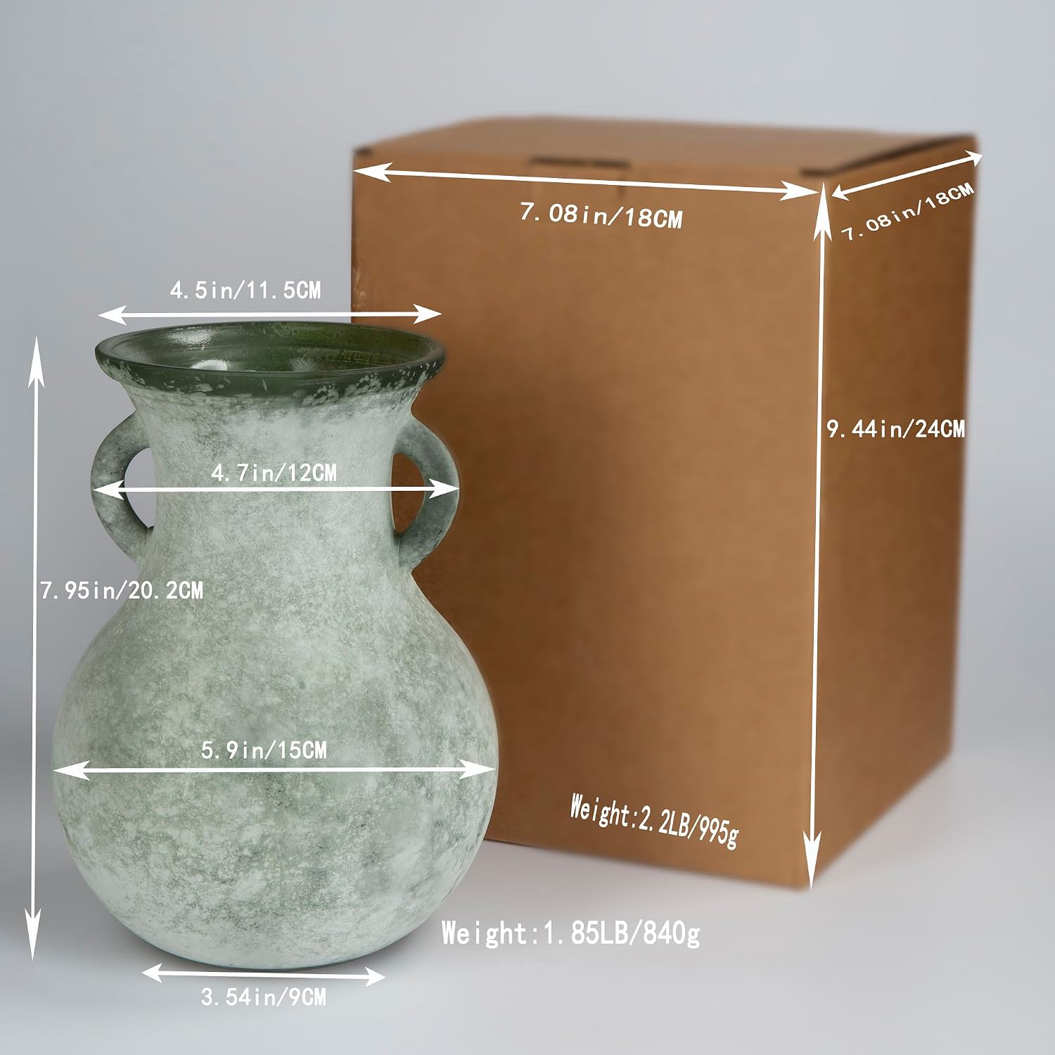 7.9in Green Glass Vintage Vase, Art Deco Double Eared Antique Marble Texture Vase