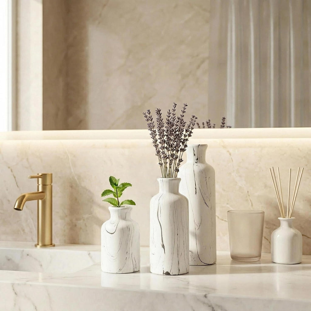 Modern Ceramic Flower Vase Set of 3, Minimalist Vase for Home Decor, Decorative Vase for Table Entryway Mantel Centerpiece Living Room Bathroom Bedroom (White Gray Marble)