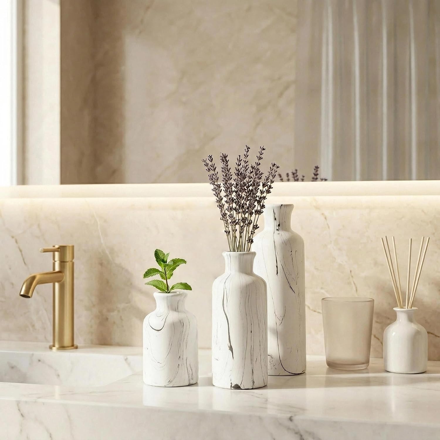 Modern Ceramic Flower Vase Set of 3, Minimalist Vase for Home Decor, Decorative Vase for Table Entryway Mantel Centerpiece Living Room Bathroom Bedroom (White Gray Marble)
