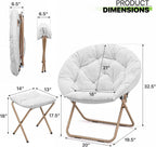 Magshion Folding Saucer Chair for Adults with Ottoman, Circle Reading Chair for Bedroom, Living Room & Dorm, Furry Comfy Accent Seat with Metal Leg & Thick Padded for Small Spaces (White, 1 Pack)