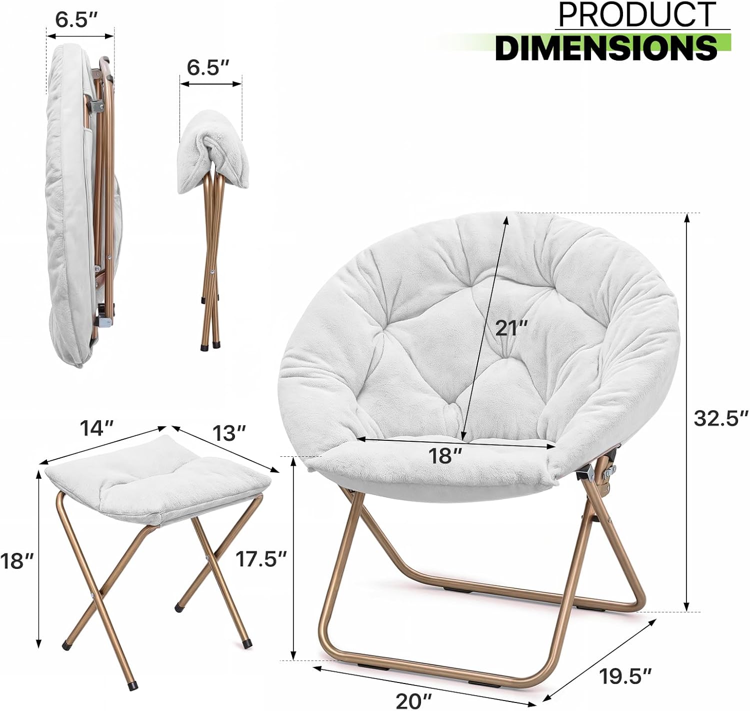 Magshion Folding Saucer Chair for Adults with Ottoman, Circle Reading Chair for Bedroom, Living Room & Dorm, Furry Comfy Accent Seat with Metal Leg & Thick Padded for Small Spaces (White, 1 Pack)