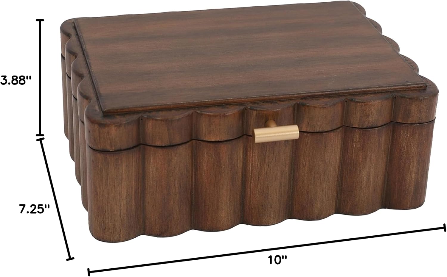 10" x 7.25" x 3.88" Scalloped Wooden Box, Natural Wood Decorative Storage Box with Gold Metal Handle for Jewelry or Home Organizer